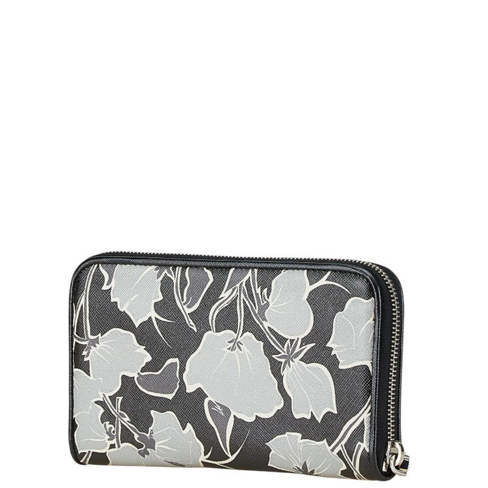 Prada Zip Long Black Round Leather Wallet Saffiano Gray Black Gray